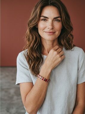 Red Striped Enamel Stretch Bracelet with Gold Accents - Women Jewelry